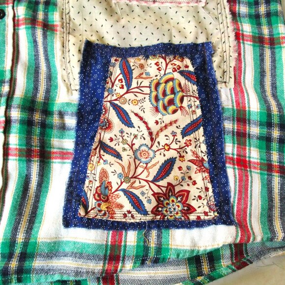 Upcycled Flannel Shirt with Patchwork Cat Design Handmade Boho Grunge Plaid - Picture 16 of 16